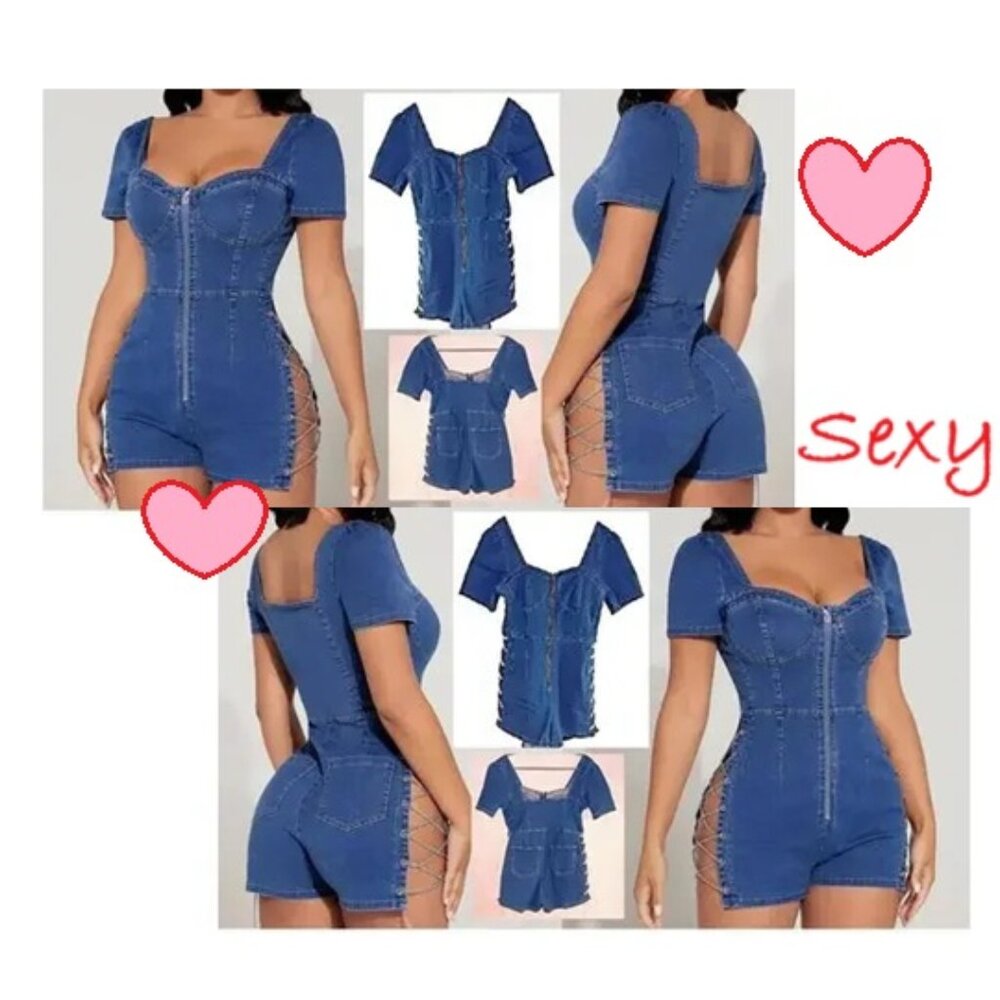 NEW Sexy Jumper Denim Romper Size XL Stretch Outfit Shorts